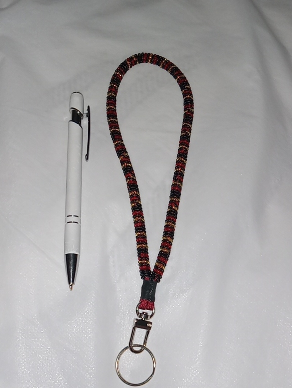 Beaded Lanyard Keychain in Black, Red & Gold